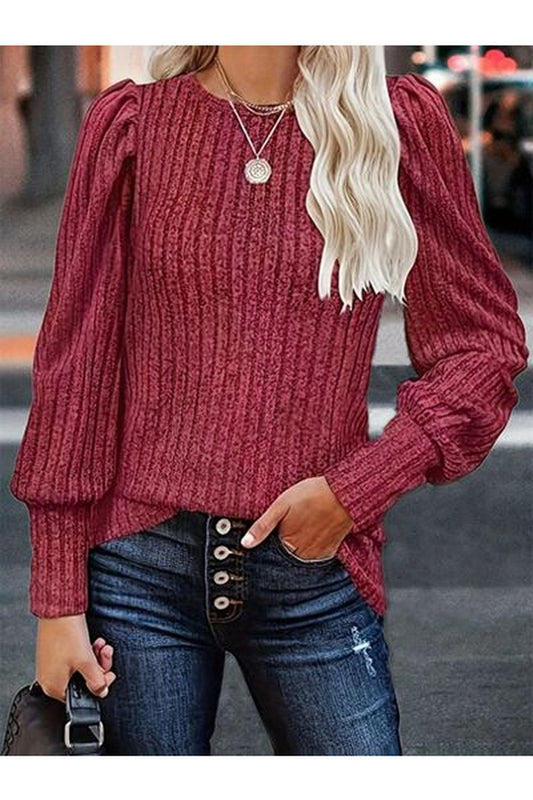 Ribbed Round Neck Lantern Sleeve Blouse