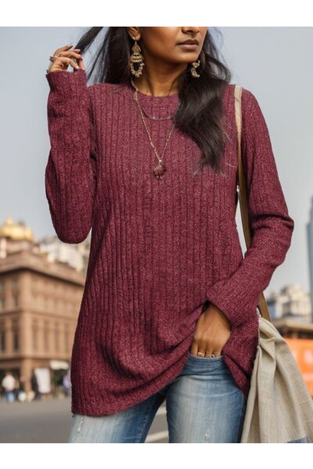 Ribbed Round Neck Long Sleeve Blouse