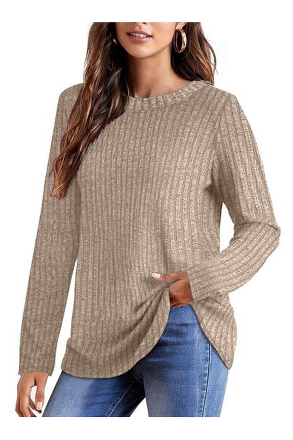 Ribbed Round Neck Long Sleeve Blouse