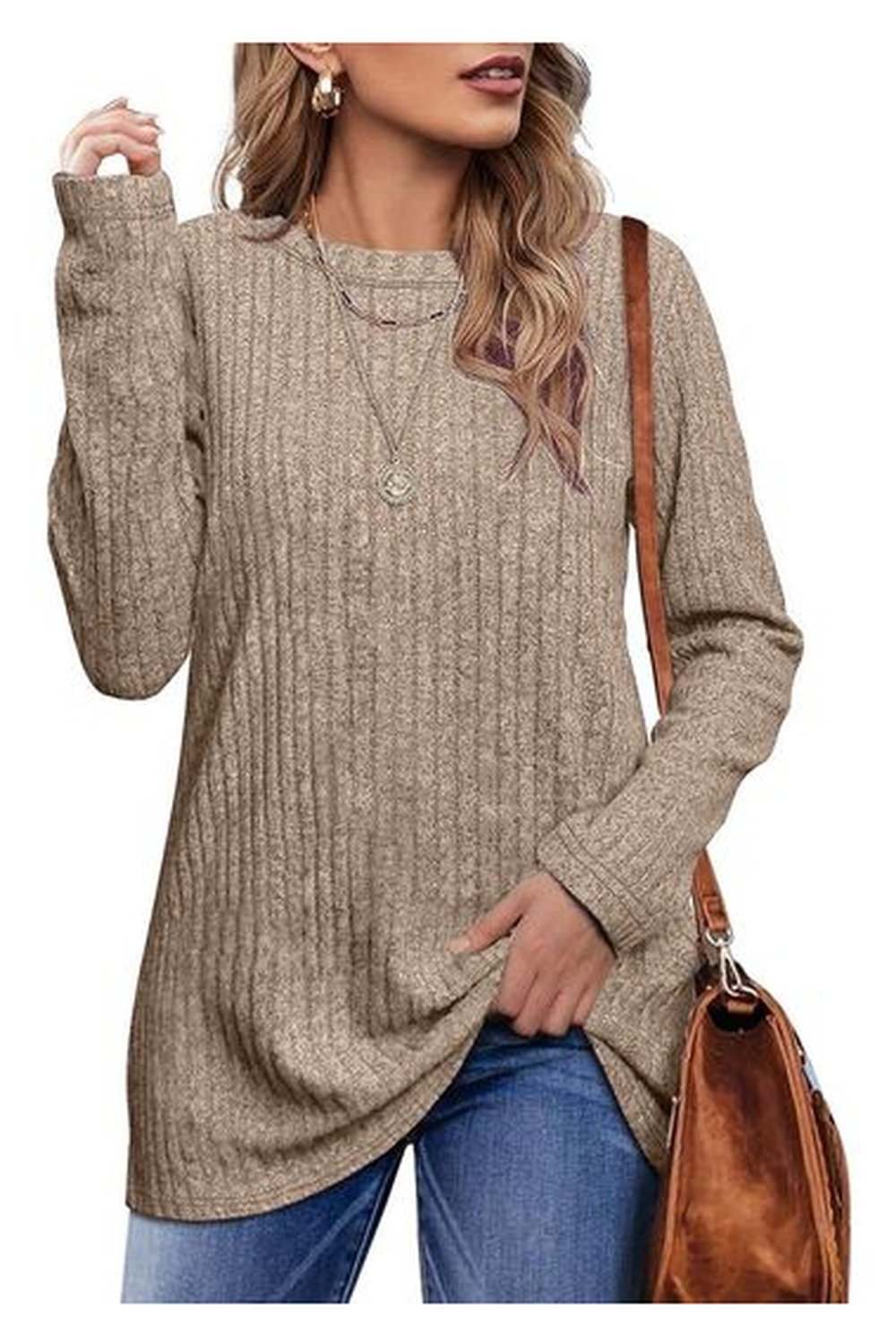 Ribbed Round Neck Long Sleeve Blouse