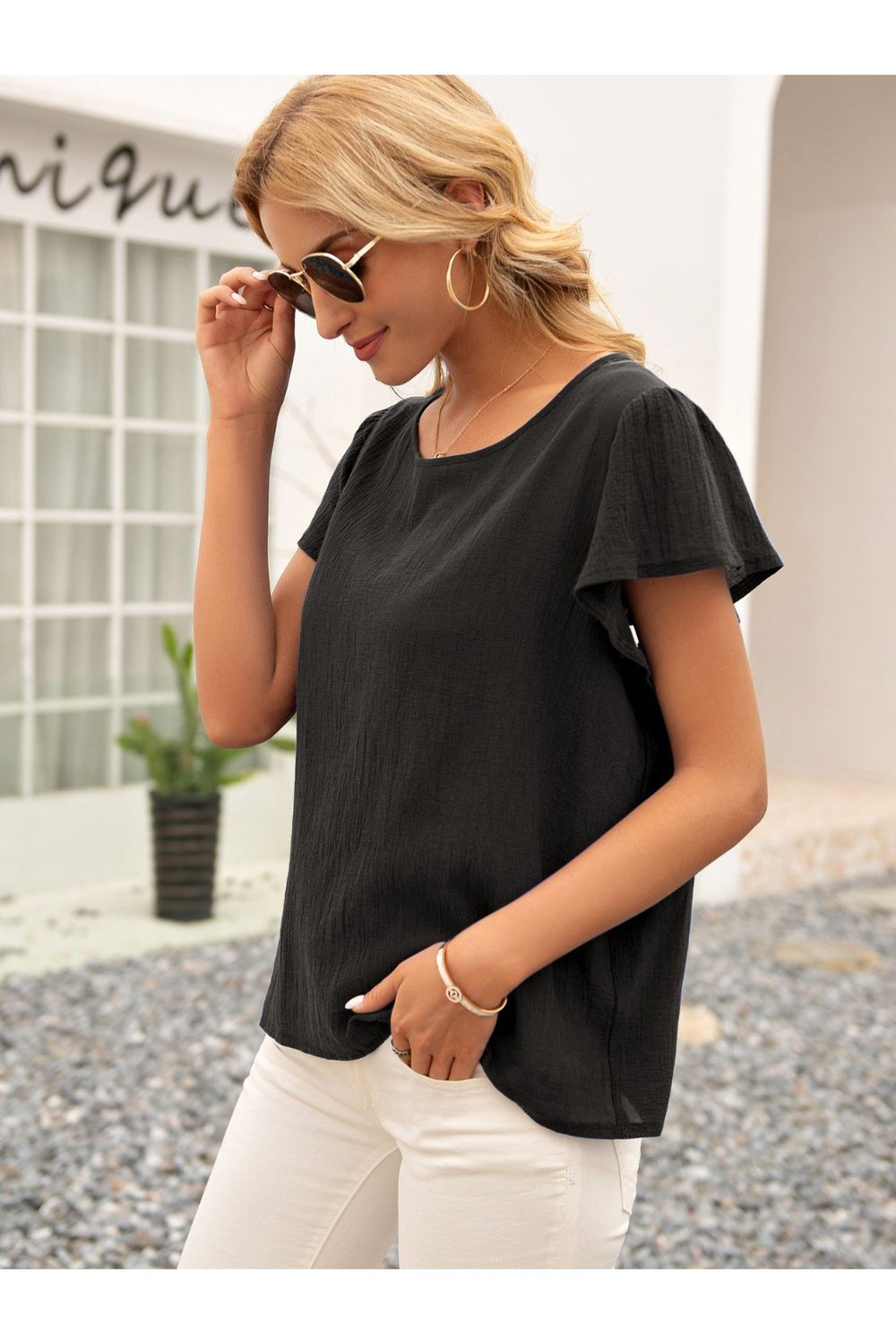 Round Neck Cutout Tie Back Top