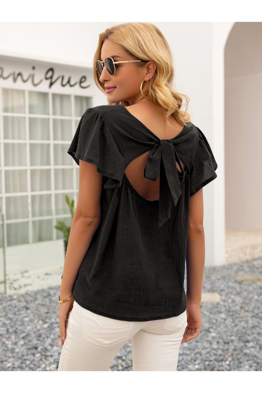 Round Neck Cutout Tie Back Top