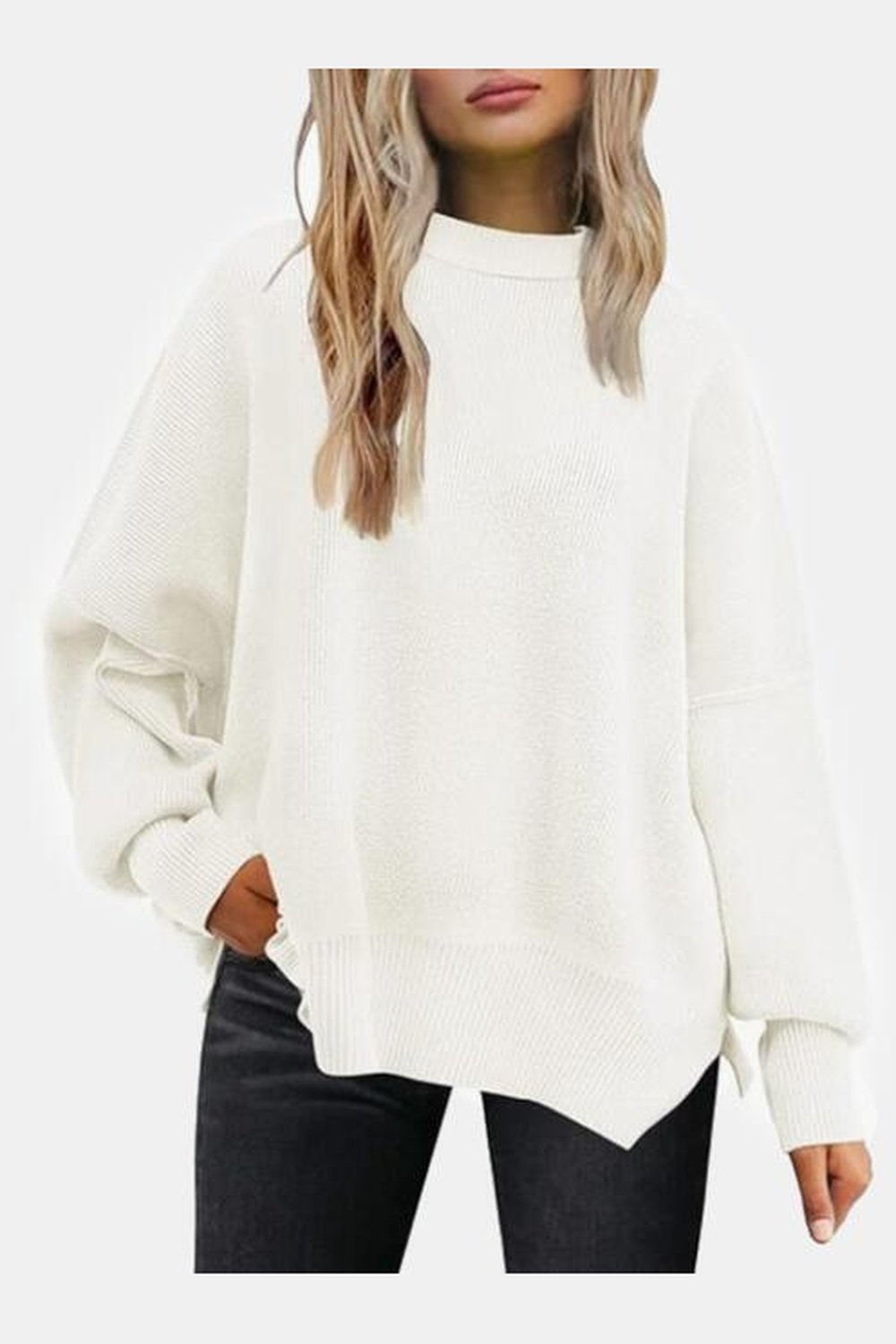 Round Neck Drop Shoulder Slit Sweater