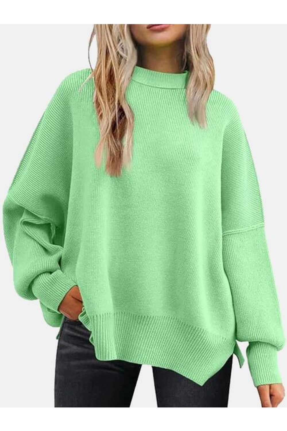 Round Neck Drop Shoulder Slit Sweater