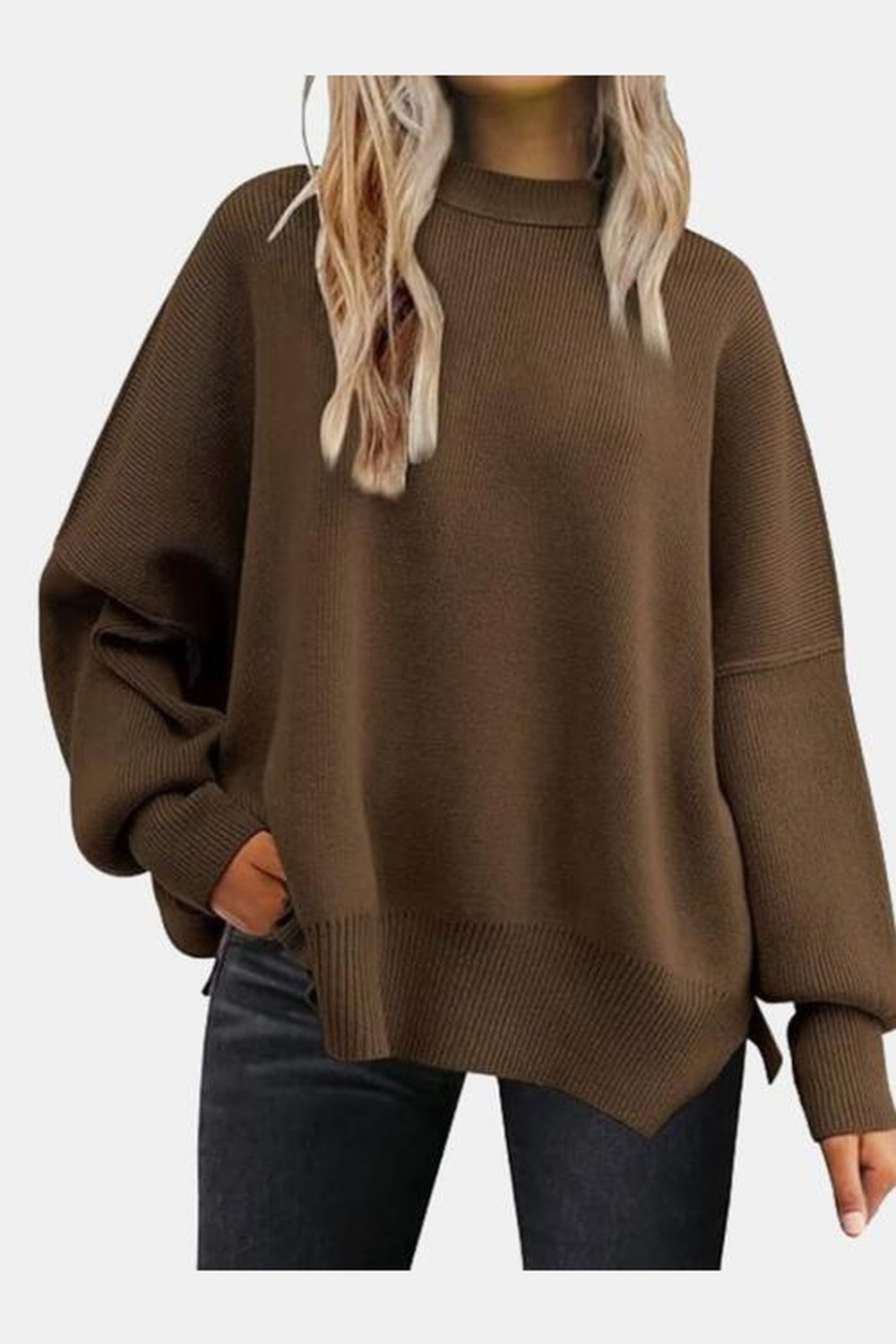 Round Neck Drop Shoulder Slit Sweater