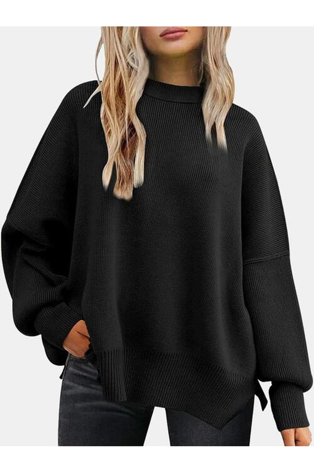 Round Neck Drop Shoulder Slit Sweater