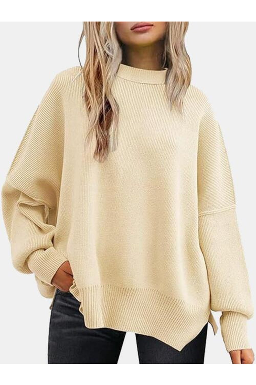 Round Neck Drop Shoulder Slit Sweater