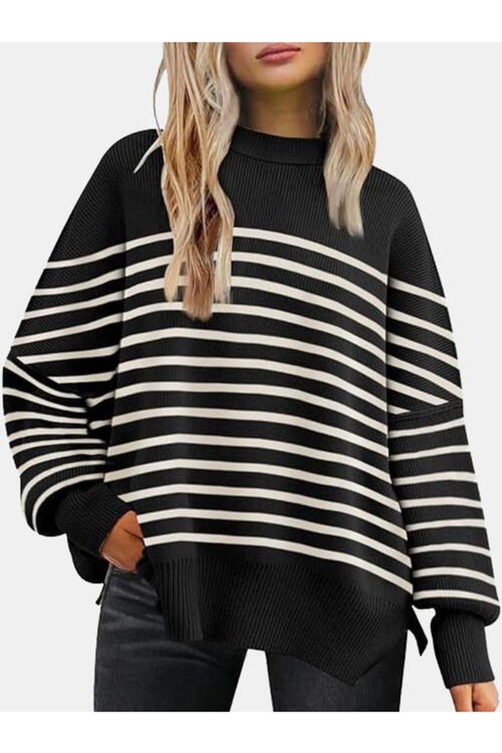 Round Neck Drop Shoulder Slit Sweater