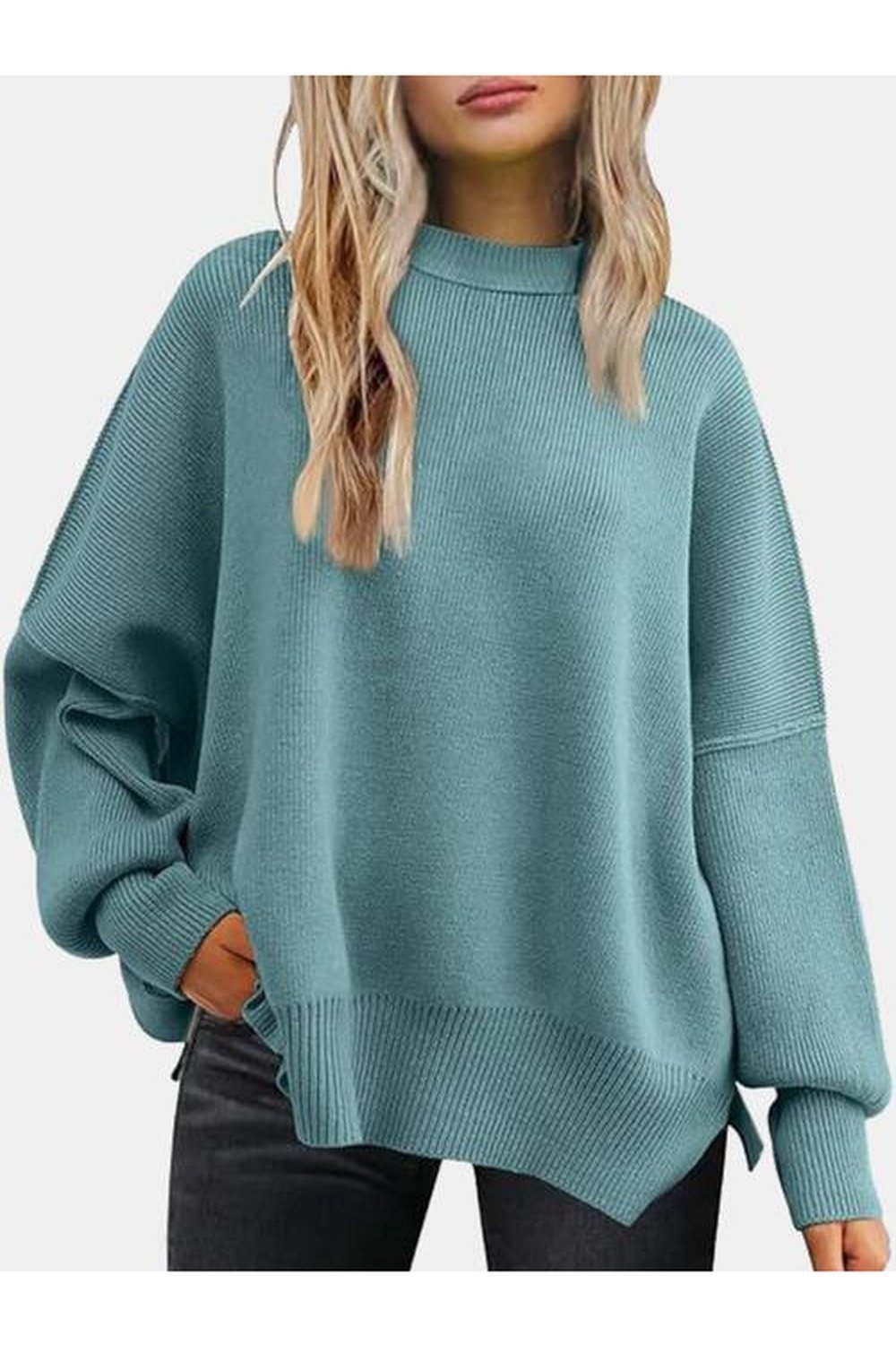 Round Neck Drop Shoulder Slit Sweater