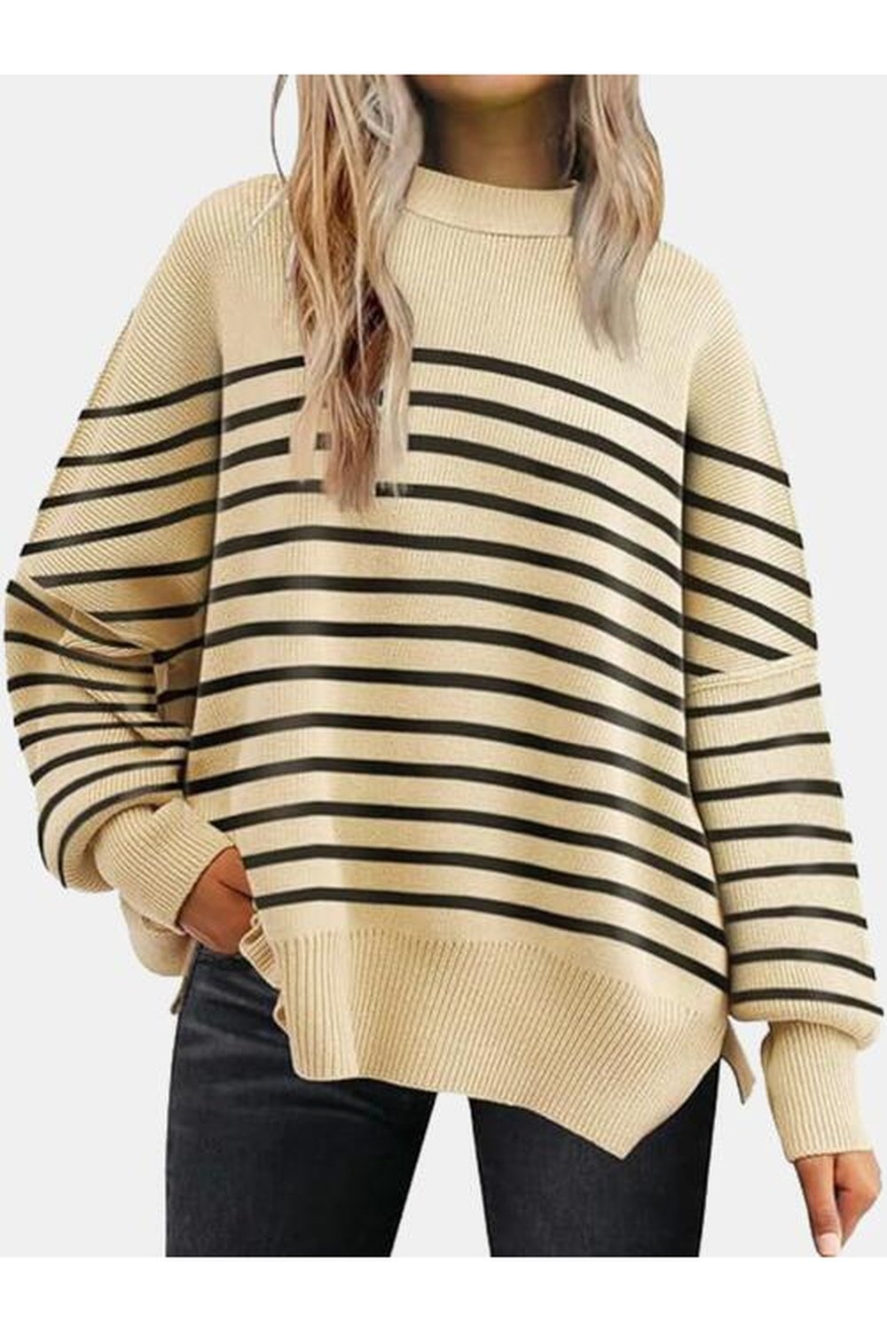 Round Neck Drop Shoulder Slit Sweater