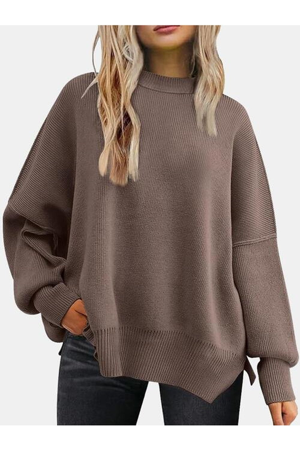 Round Neck Drop Shoulder Slit Sweater