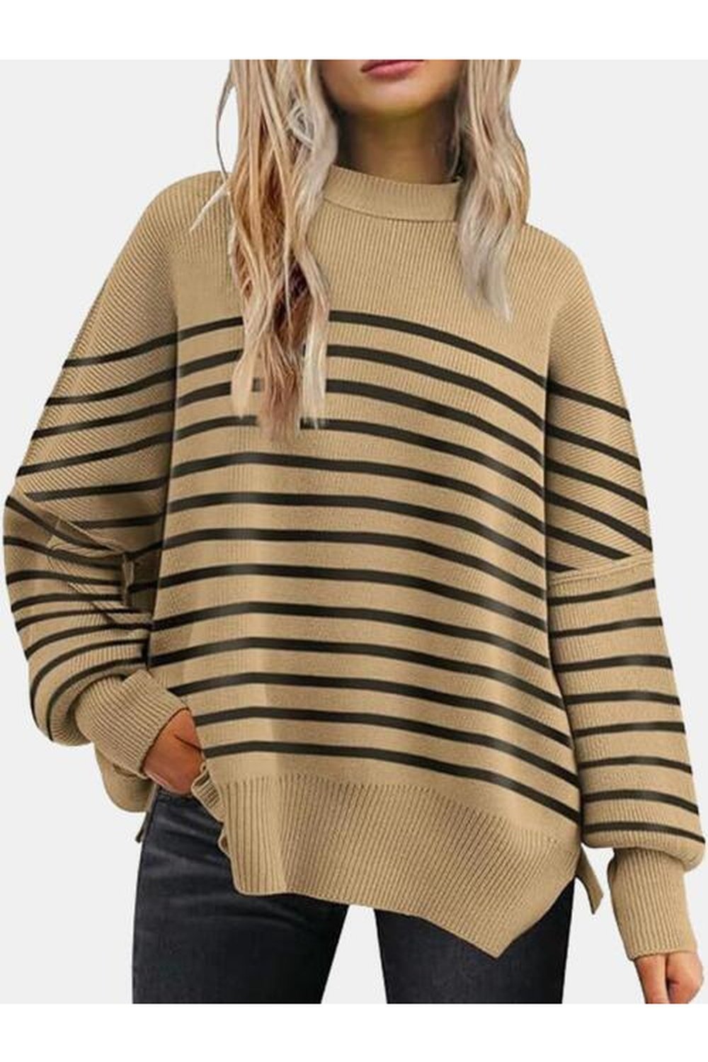 Round Neck Drop Shoulder Slit Sweater