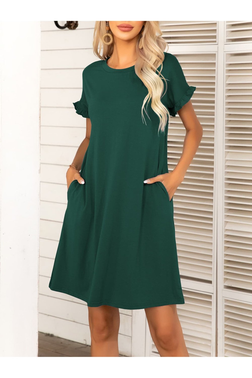 Round Neck Flounce Sleeve Dress with Pockets