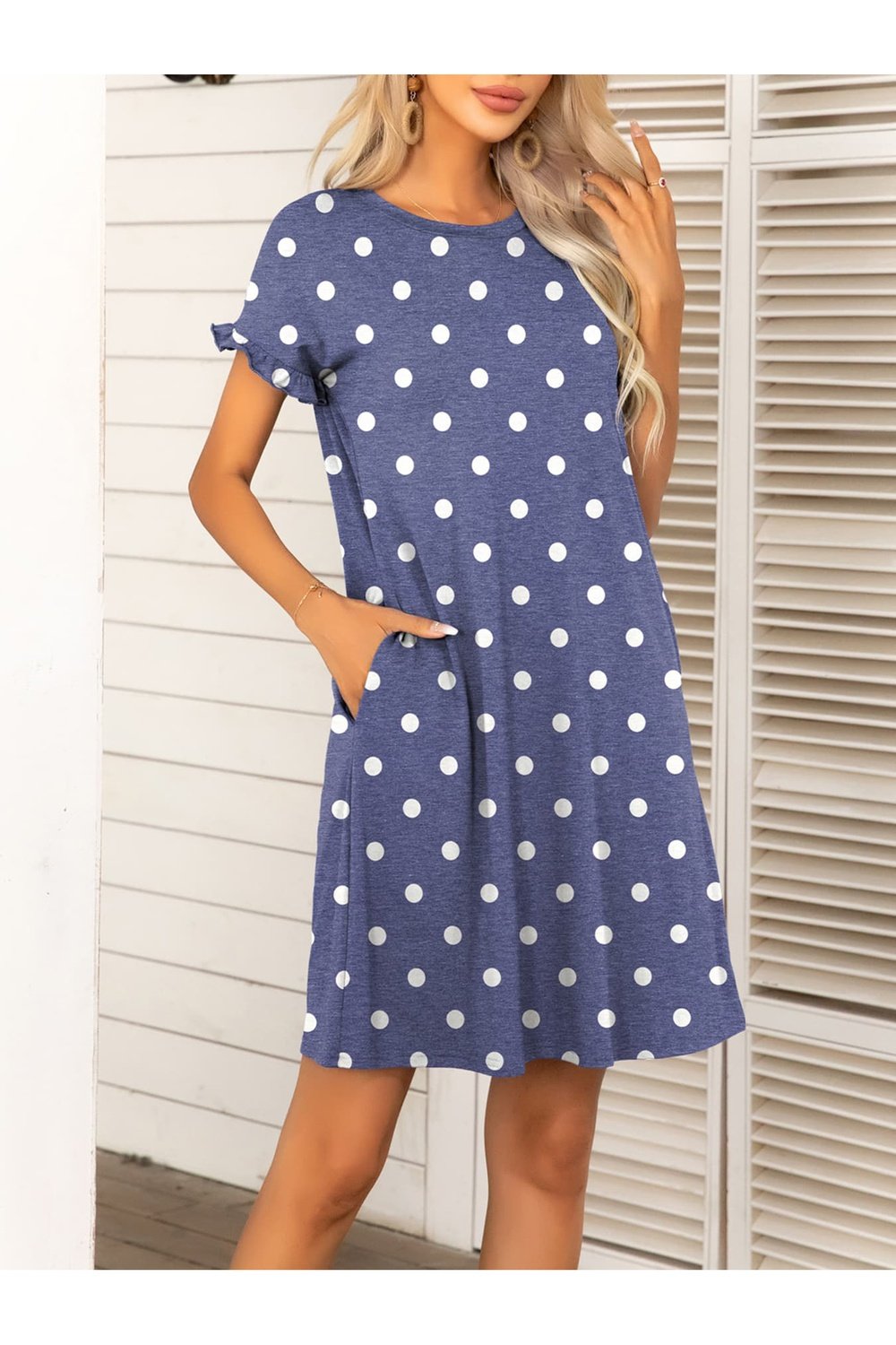 Round Neck Flounce Sleeve Dress with Pockets