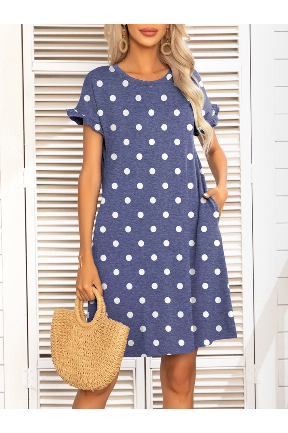 Round Neck Flounce Sleeve Dress with Pockets