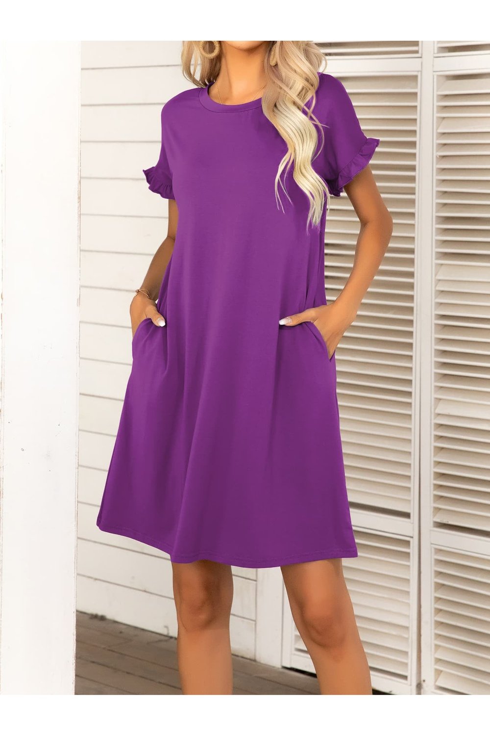 Round Neck Flounce Sleeve Dress with Pockets