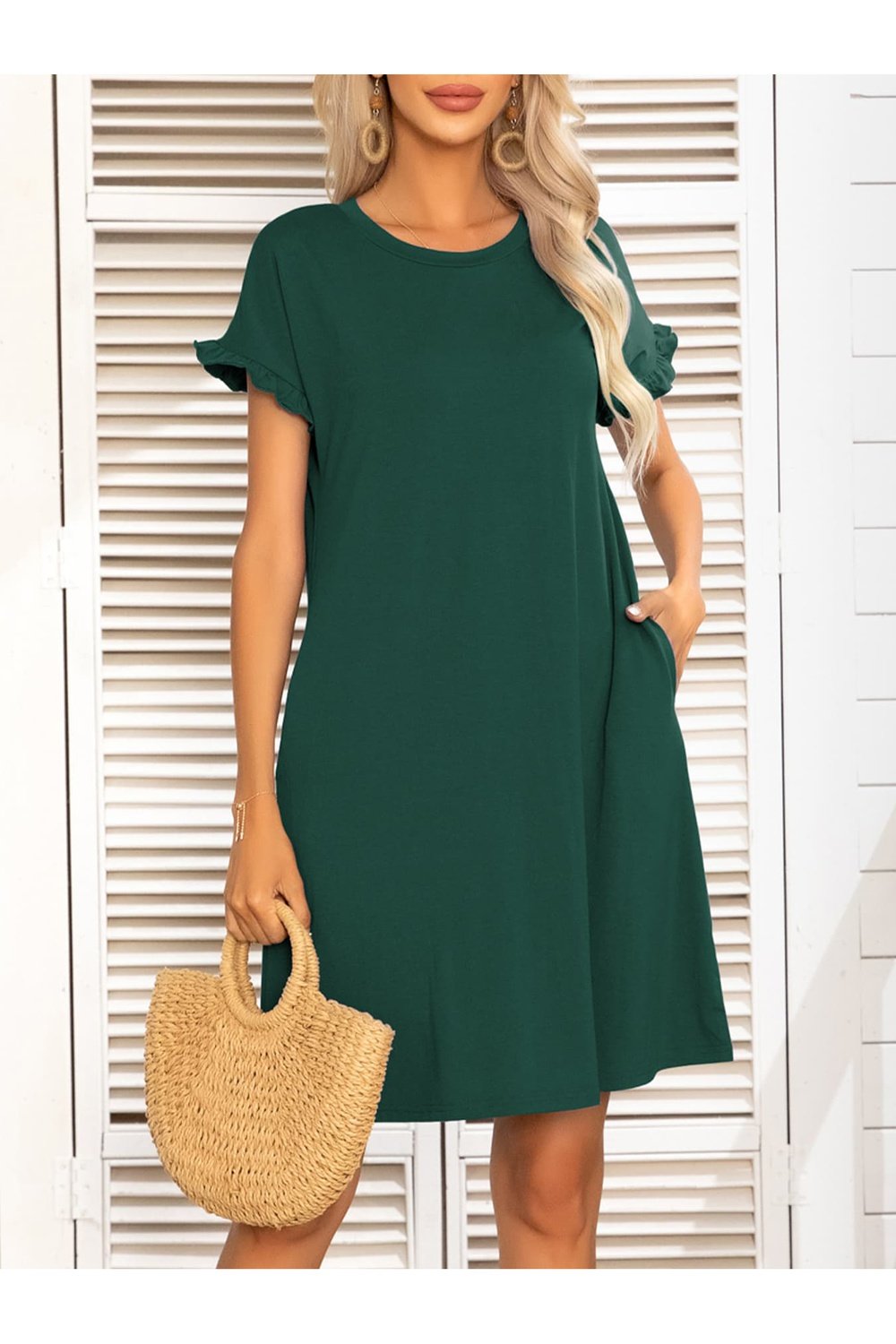 Round Neck Flounce Sleeve Dress with Pockets