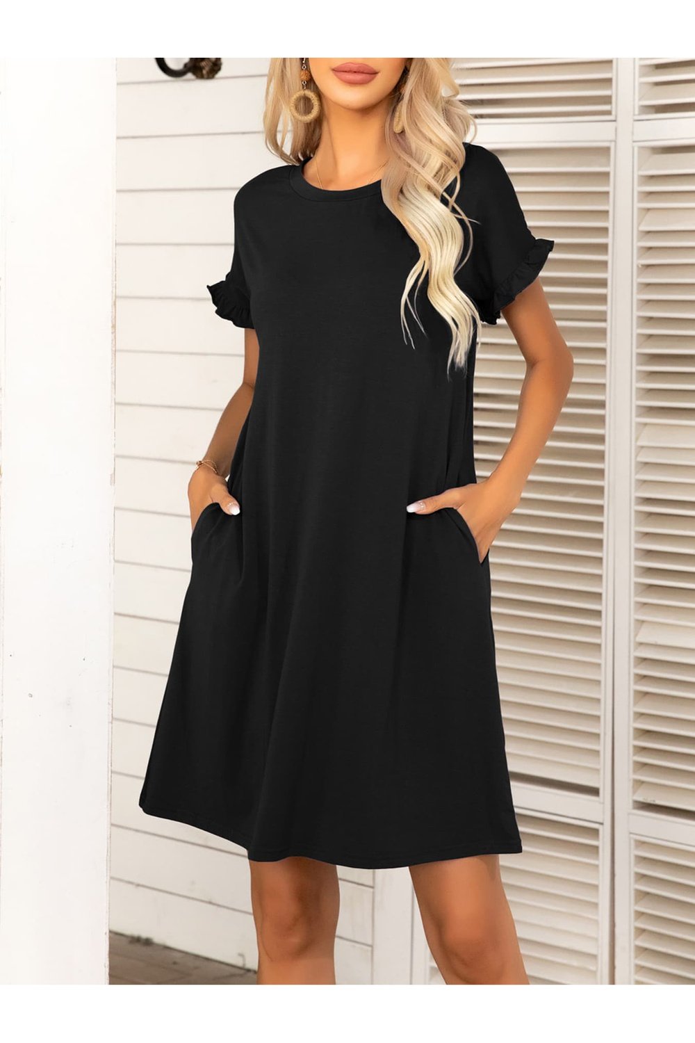 Round Neck Flounce Sleeve Dress with Pockets