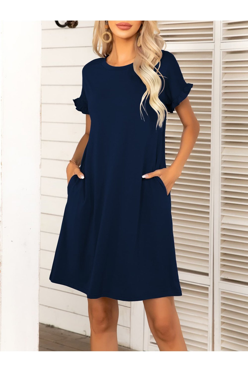 Round Neck Flounce Sleeve Dress with Pockets