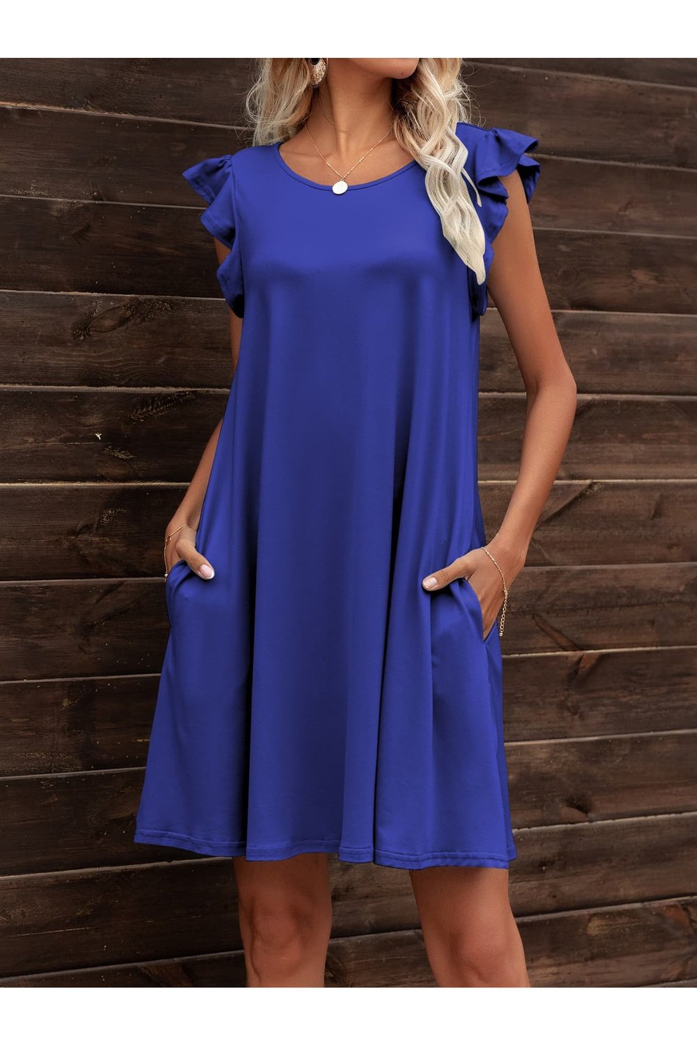 Round Neck Flutter Sleeve Dress with Pockets