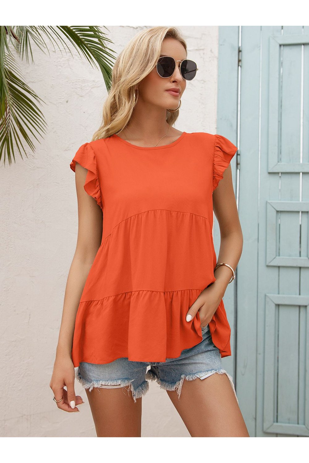 Round Neck Flutter Sleeve Tiered Blouse