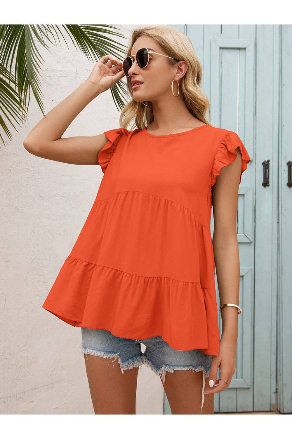 Round Neck Flutter Sleeve Tiered Blouse