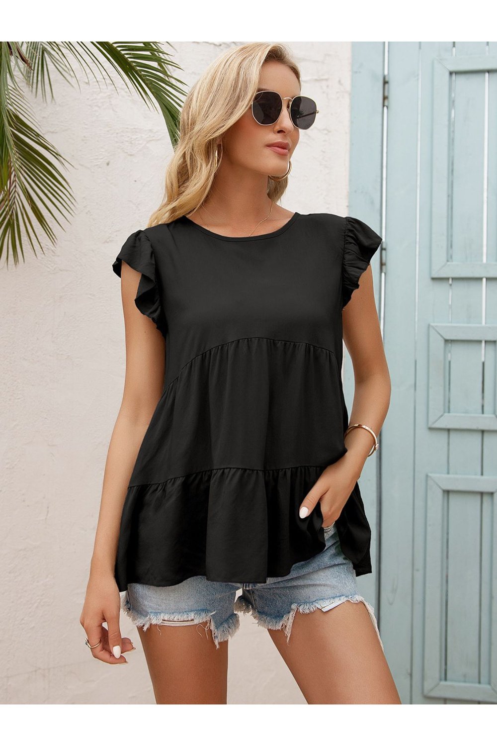 Round Neck Flutter Sleeve Tiered Blouse