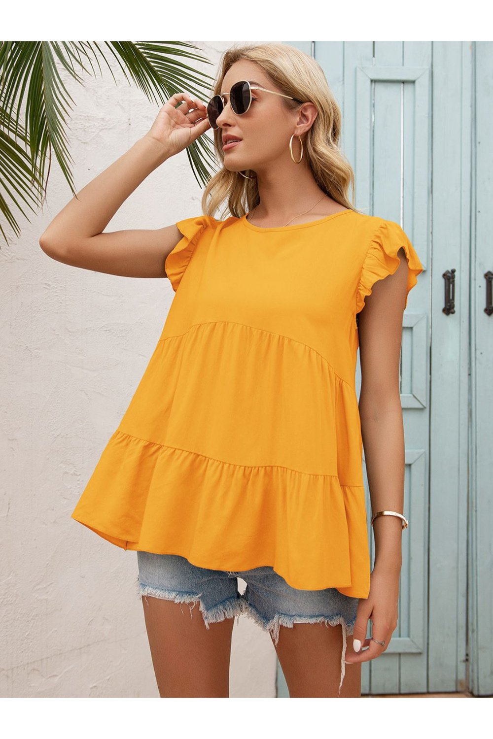 Round Neck Flutter Sleeve Tiered Blouse