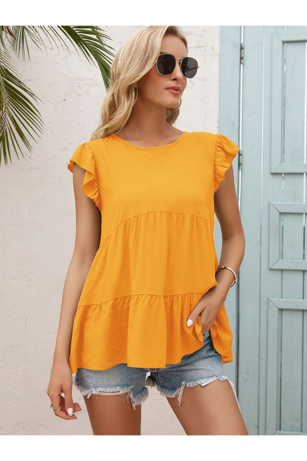 Round Neck Flutter Sleeve Tiered Blouse