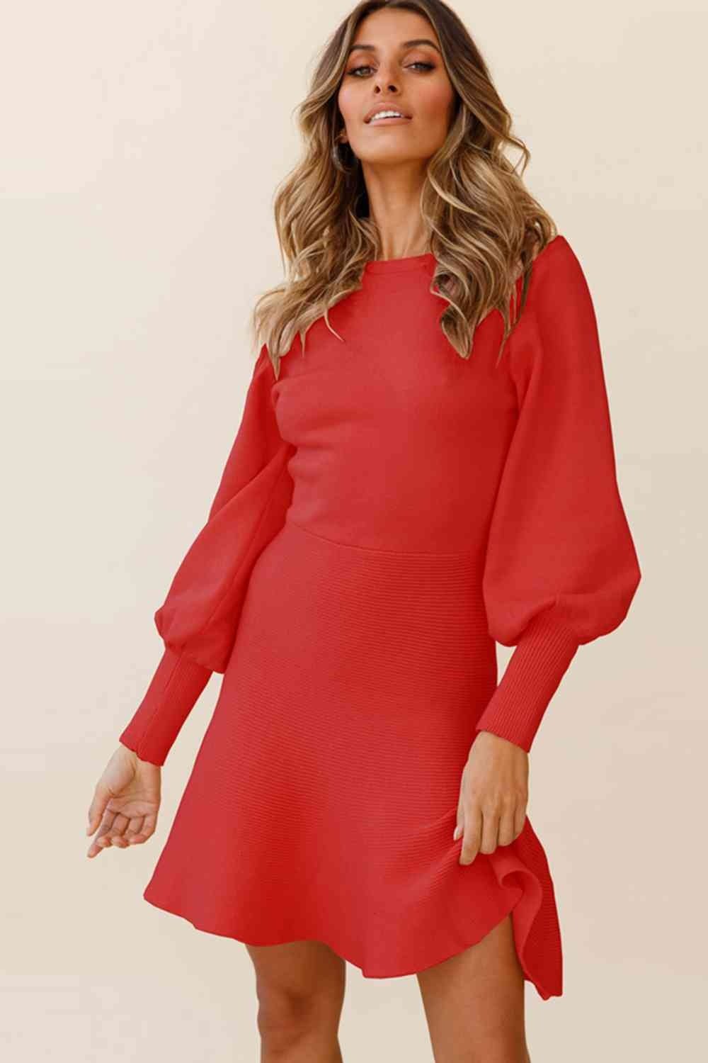 Round Neck Lantern Sleeve Sweater Dress