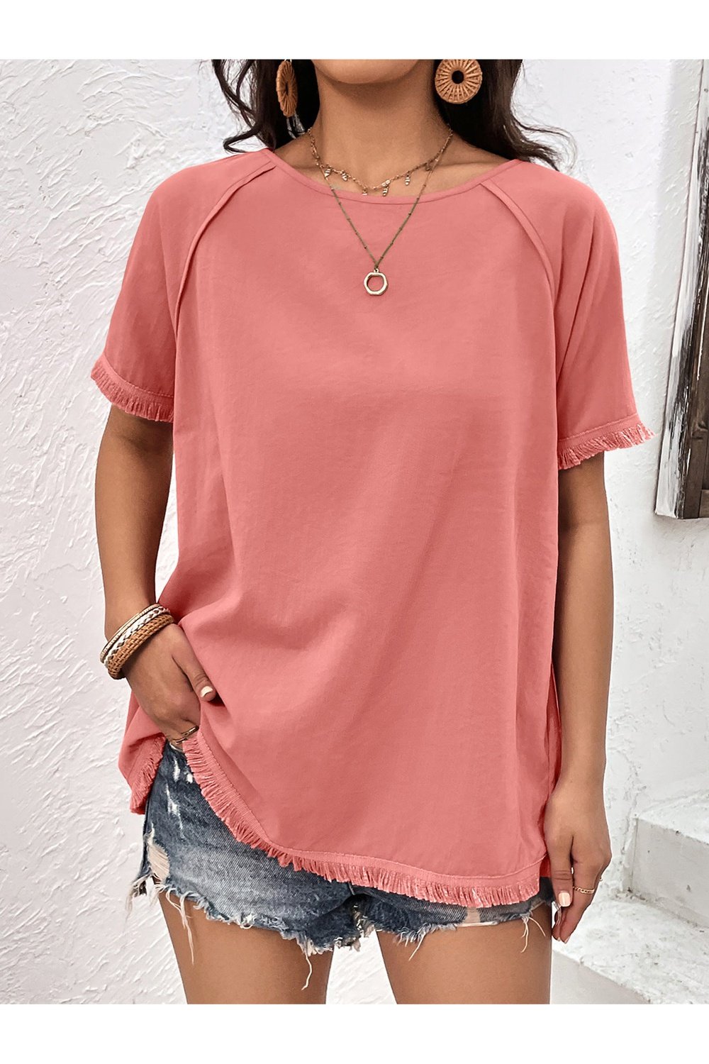 Round Neck Raglan Sleeve Fringe Detail Top