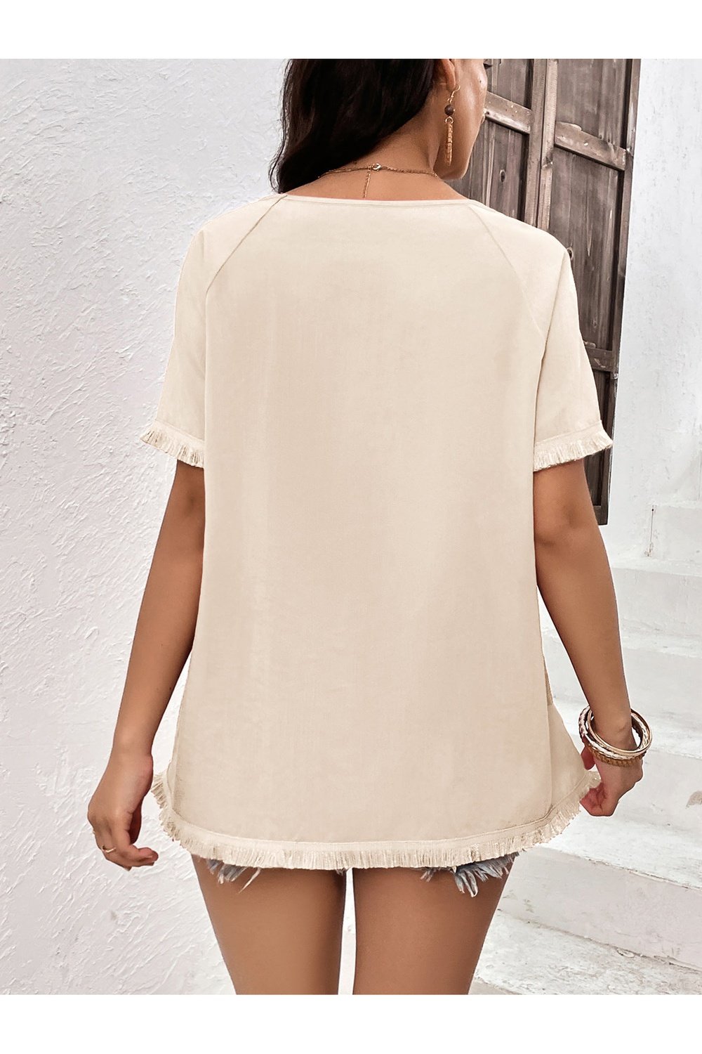 Round Neck Raglan Sleeve Fringe Detail Top