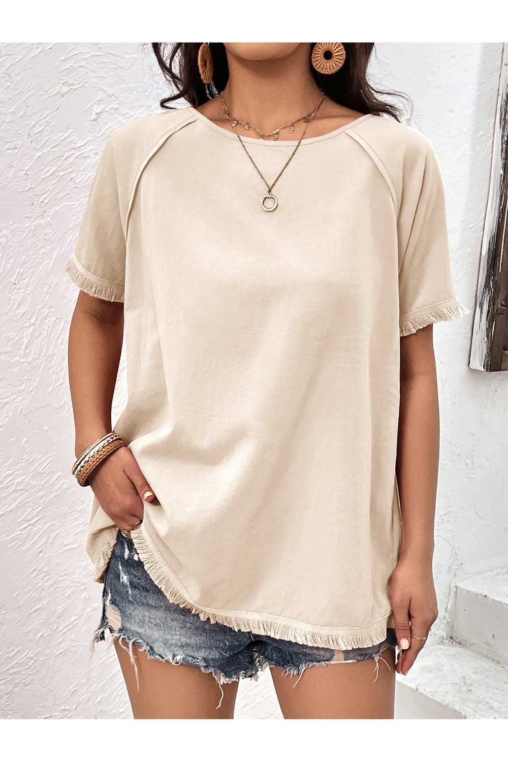 Round Neck Raglan Sleeve Fringe Detail Top