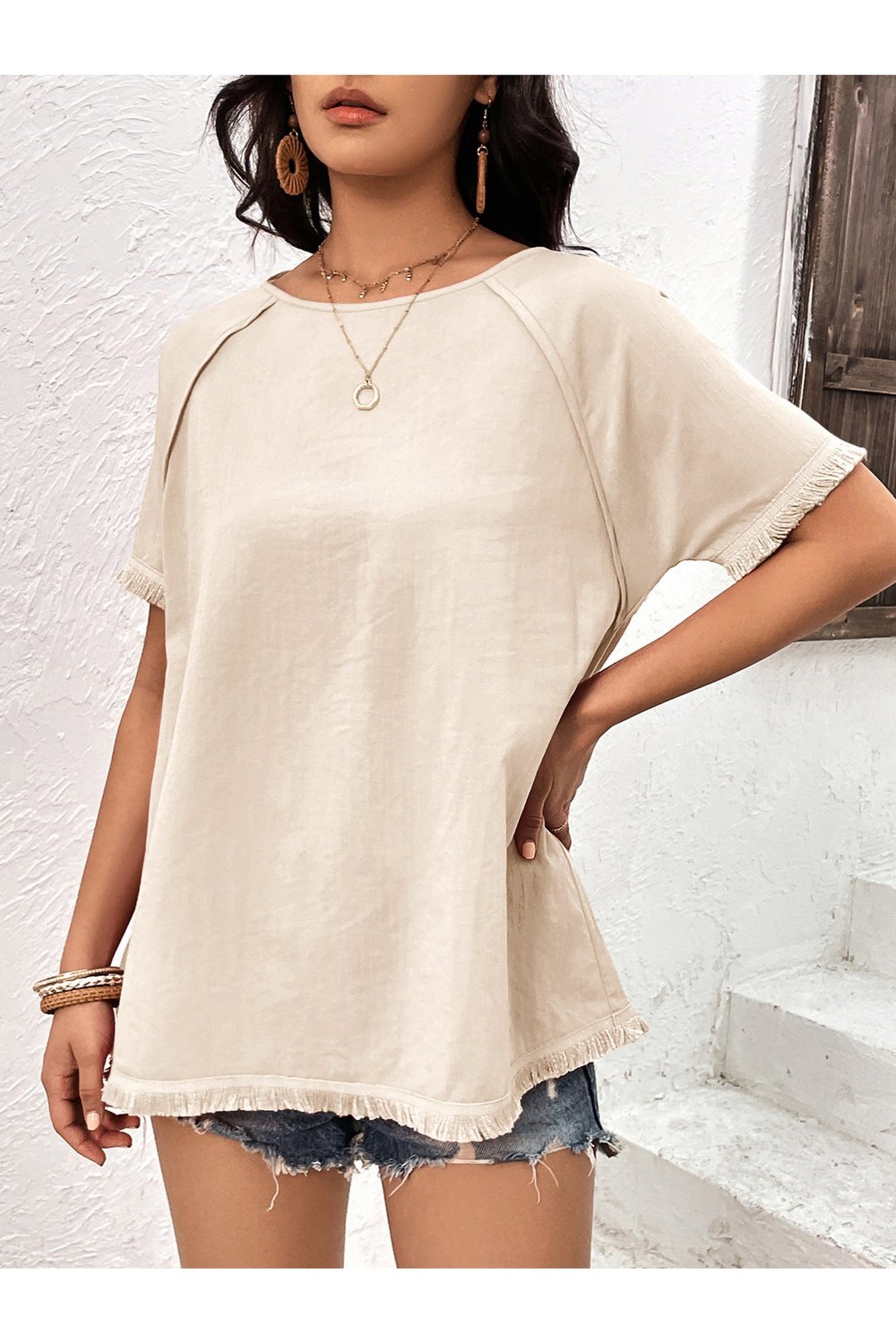 Round Neck Raglan Sleeve Fringe Detail Top