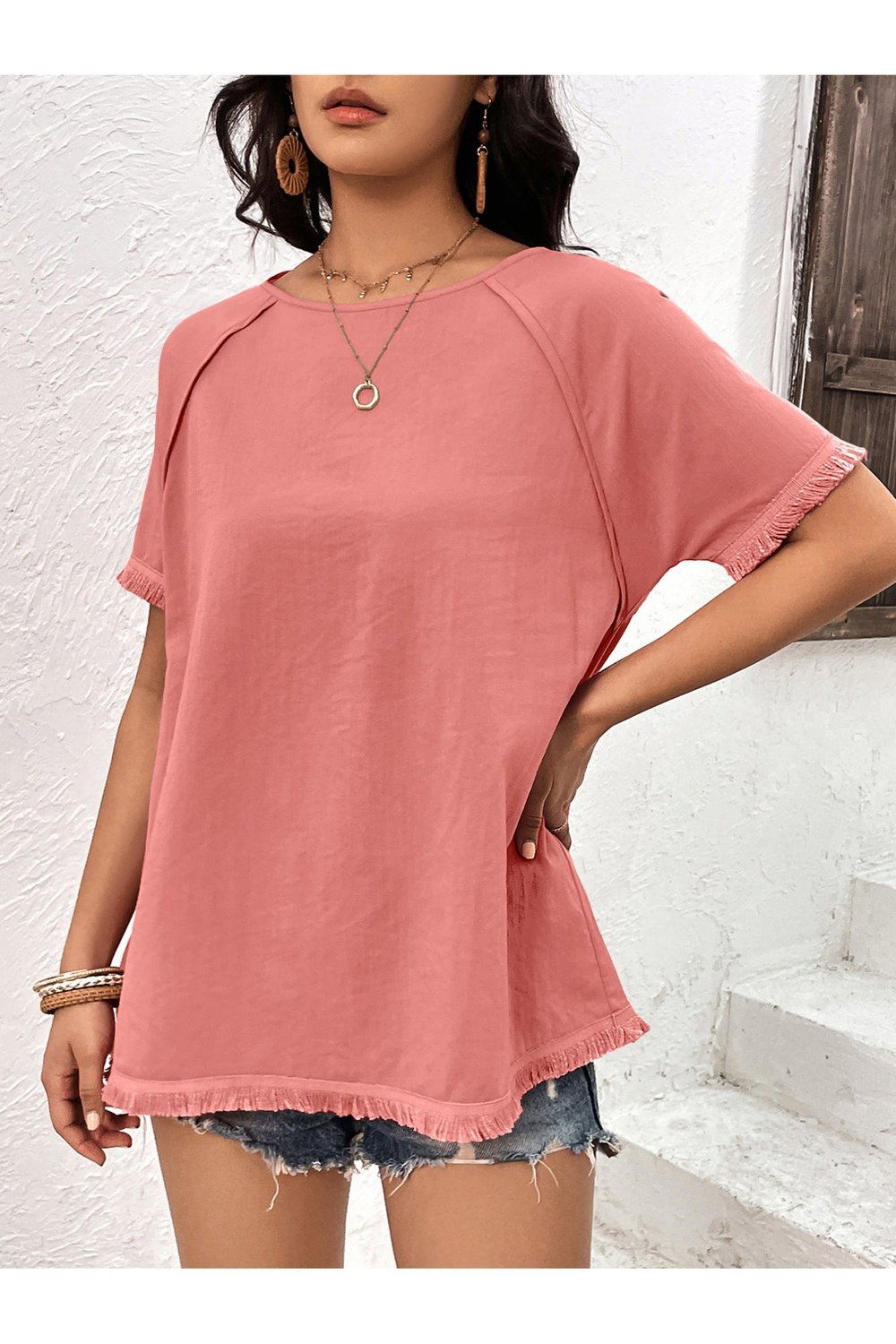 Round Neck Raglan Sleeve Fringe Detail Top