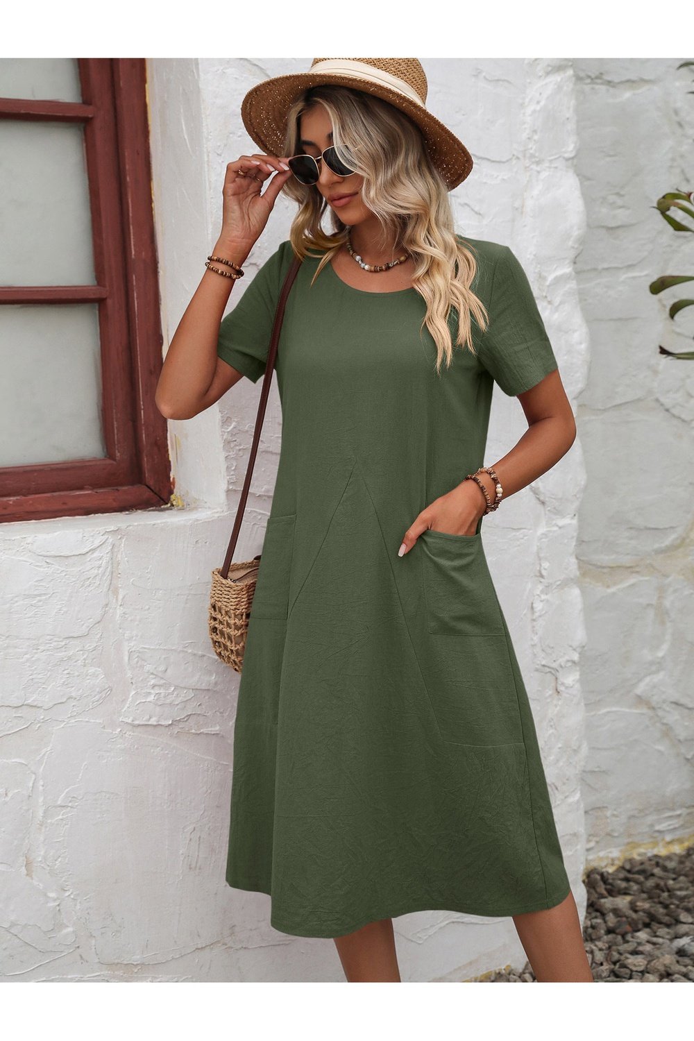 Round Neck Short Sleeve Dress with Pockets