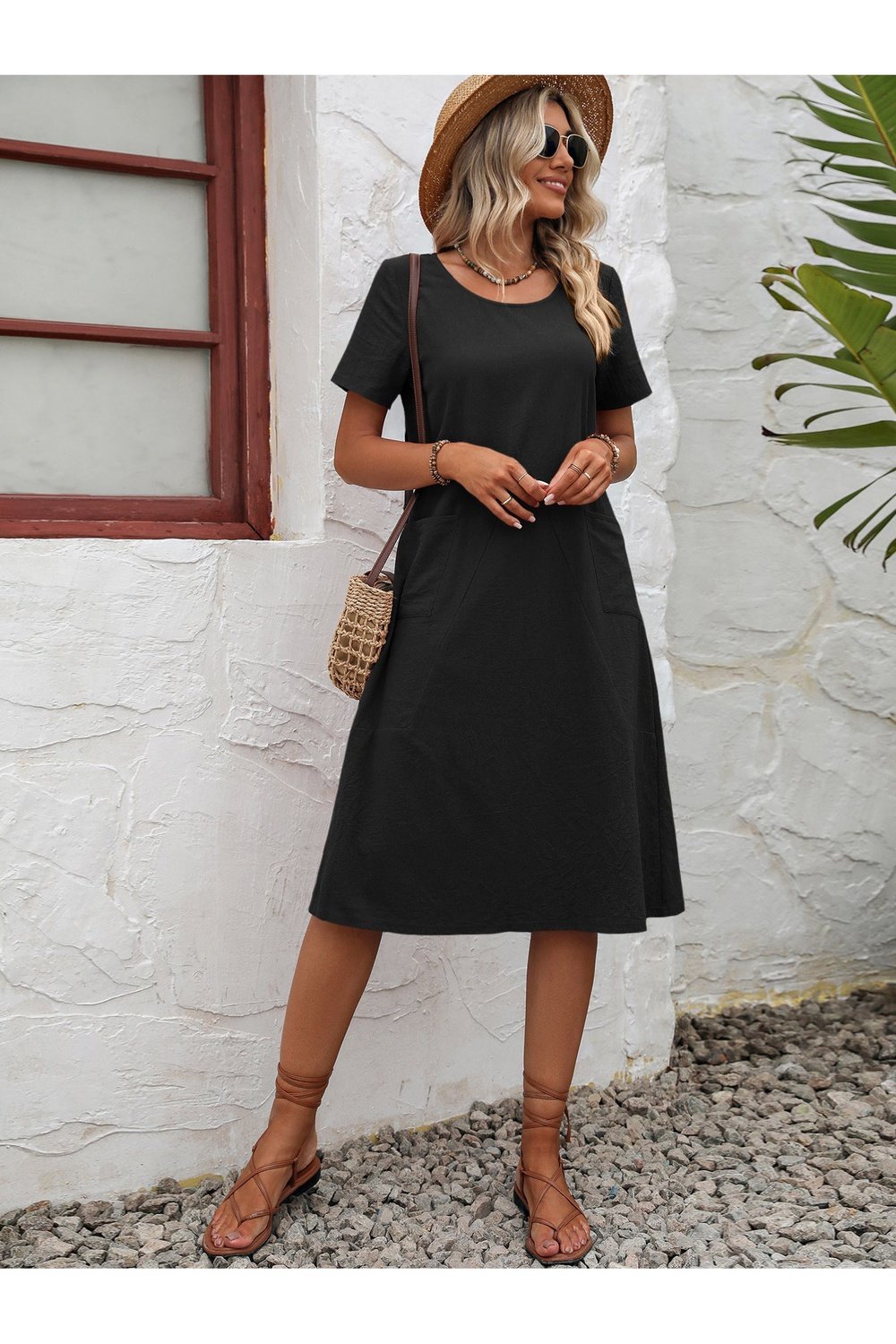 Round Neck Short Sleeve Dress with Pockets