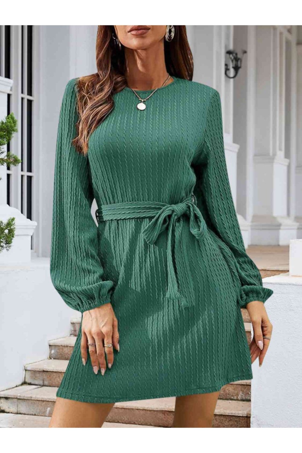 Round Neck Tie Front Long Sleeve Dress