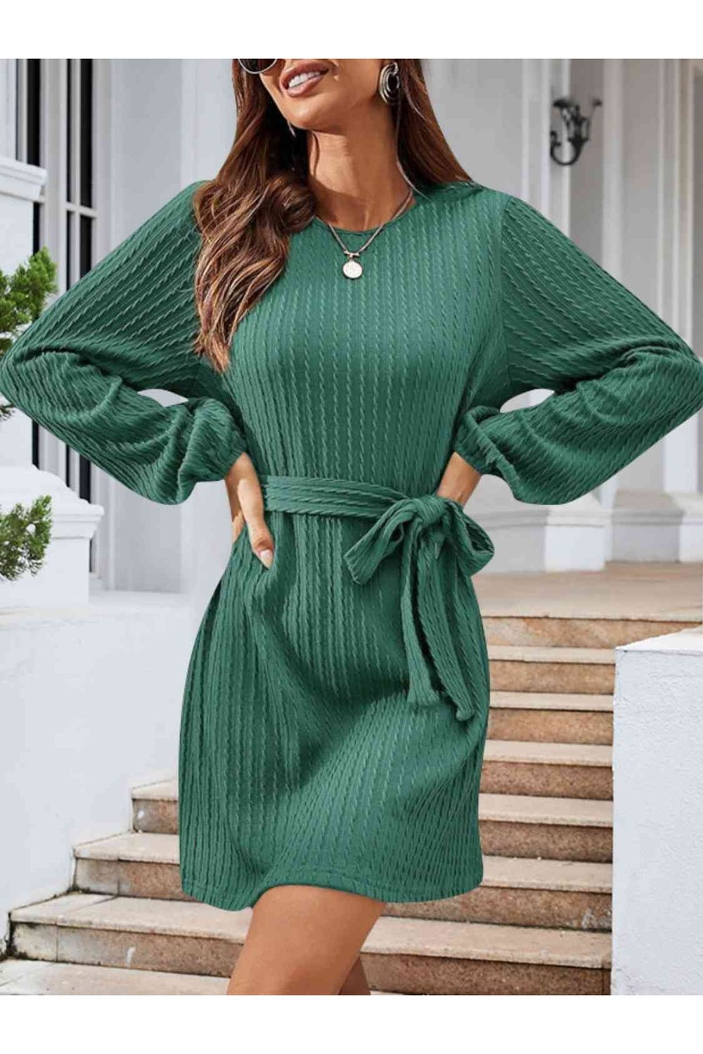 Round Neck Tie Front Long Sleeve Dress