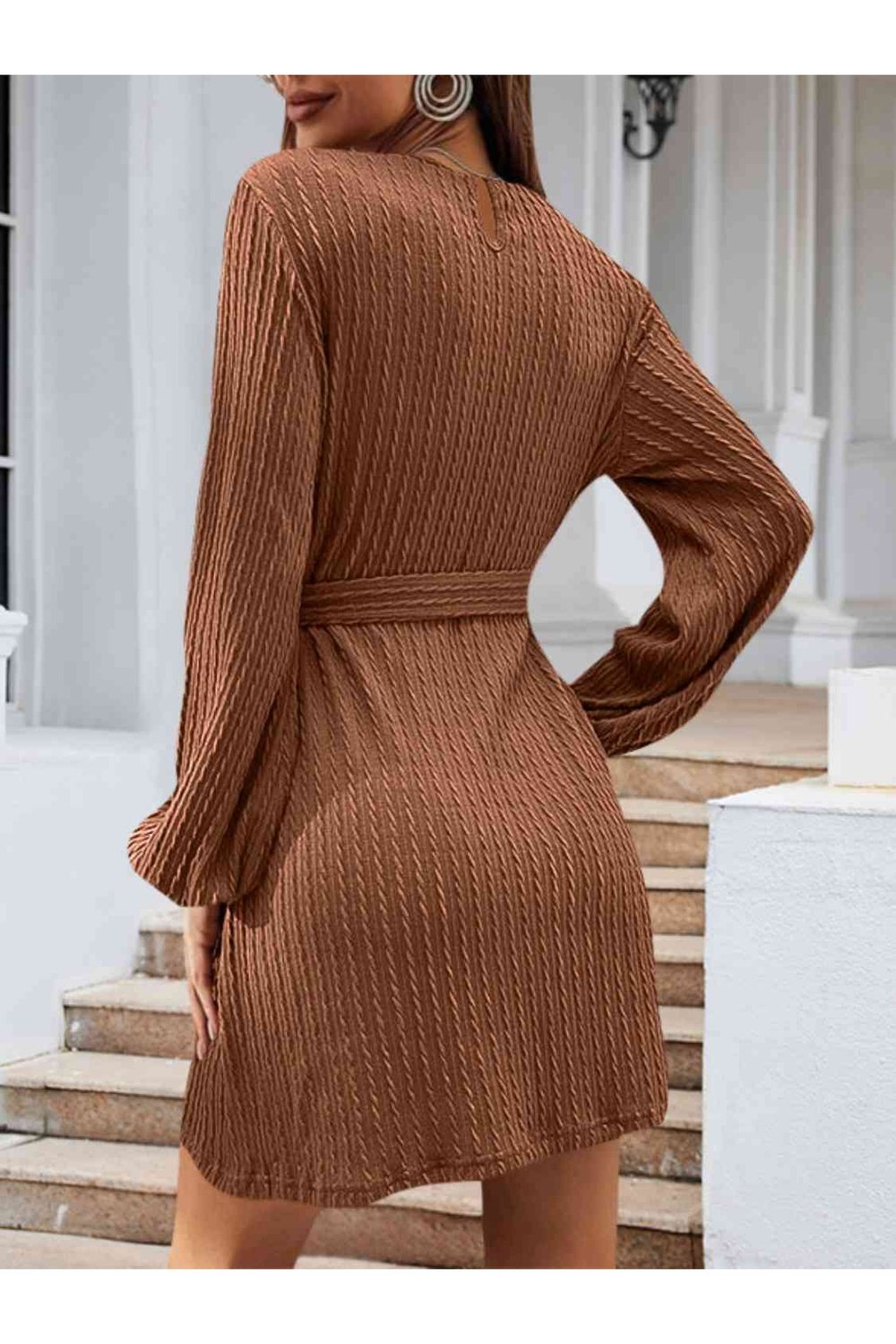 Round Neck Tie Front Long Sleeve Dress