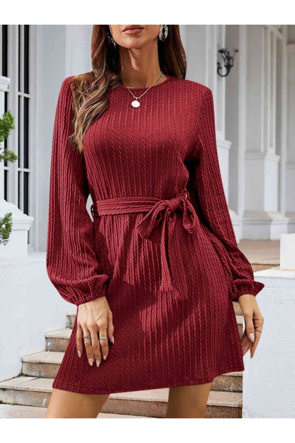 Round Neck Tie Front Long Sleeve Dress