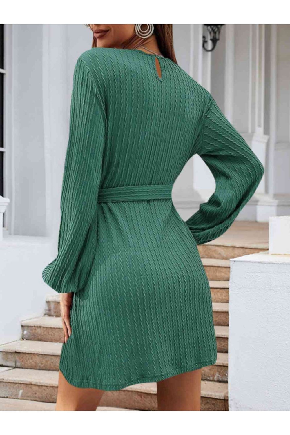 Round Neck Tie Front Long Sleeve Dress