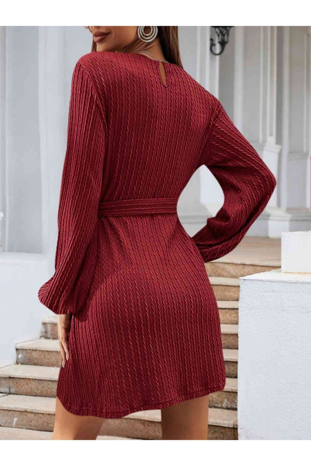 Round Neck Tie Front Long Sleeve Dress