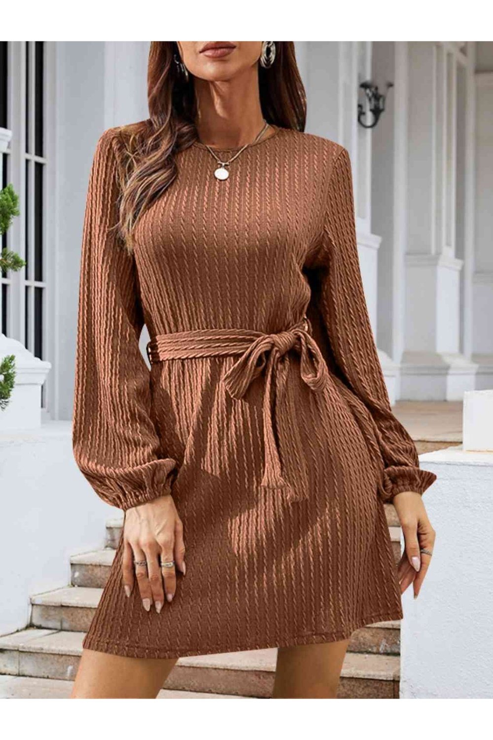 Round Neck Tie Front Long Sleeve Dress