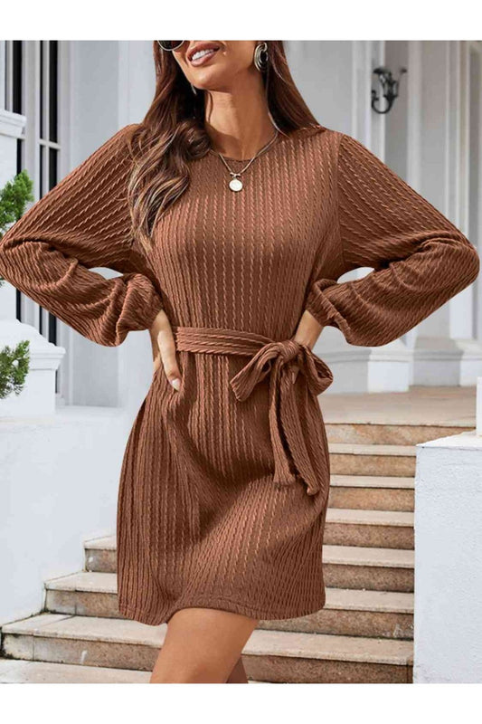 Round Neck Tie Front Long Sleeve Dress