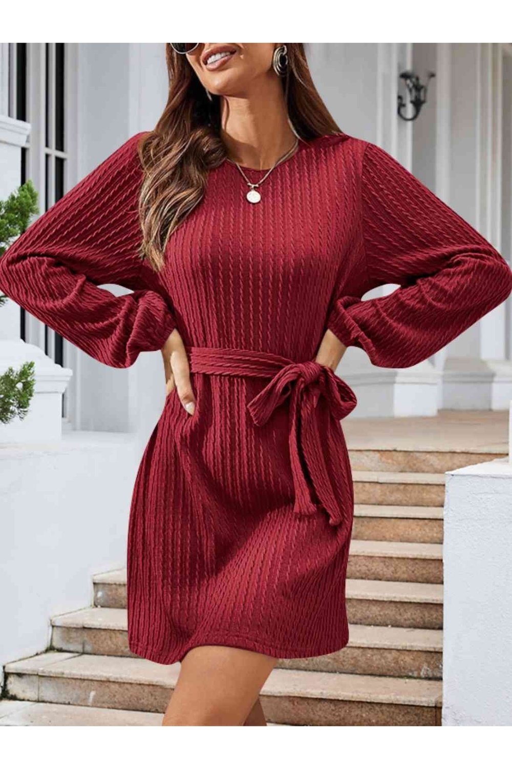 Round Neck Tie Front Long Sleeve Dress