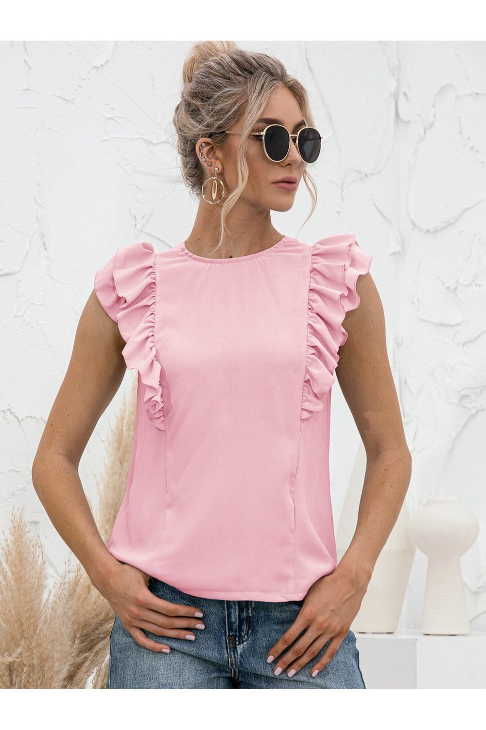 Round Neck Tied Open Back Flutter Sleeve Top