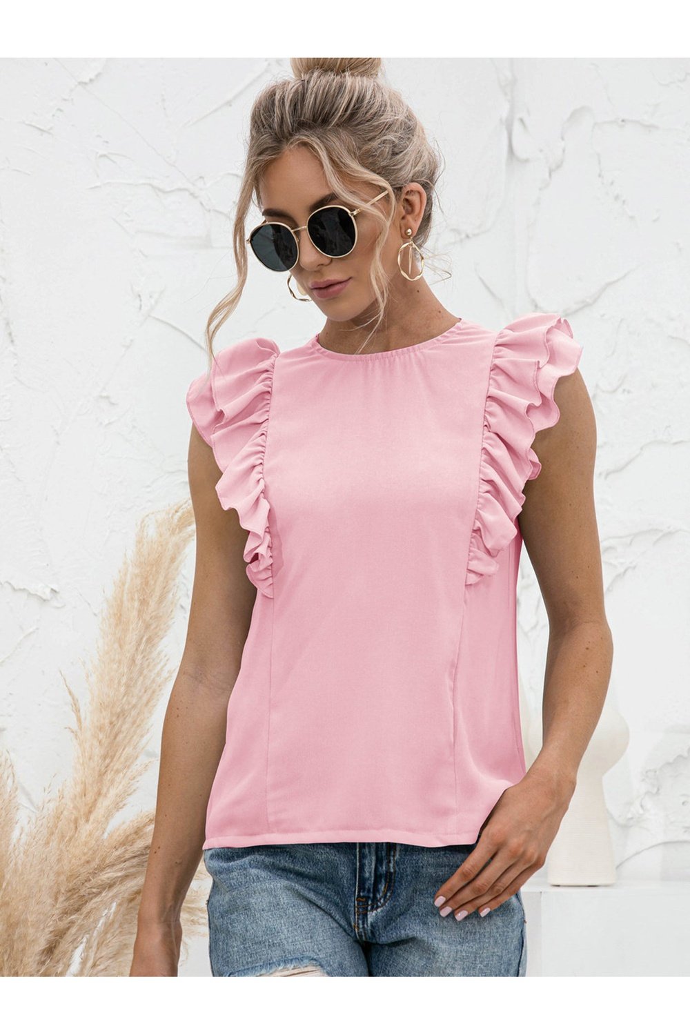 Round Neck Tied Open Back Flutter Sleeve Top