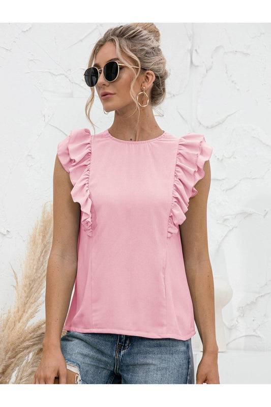 Round Neck Tied Open Back Flutter Sleeve Top