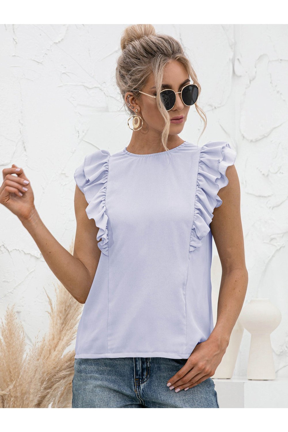 Round Neck Tied Open Back Flutter Sleeve Top